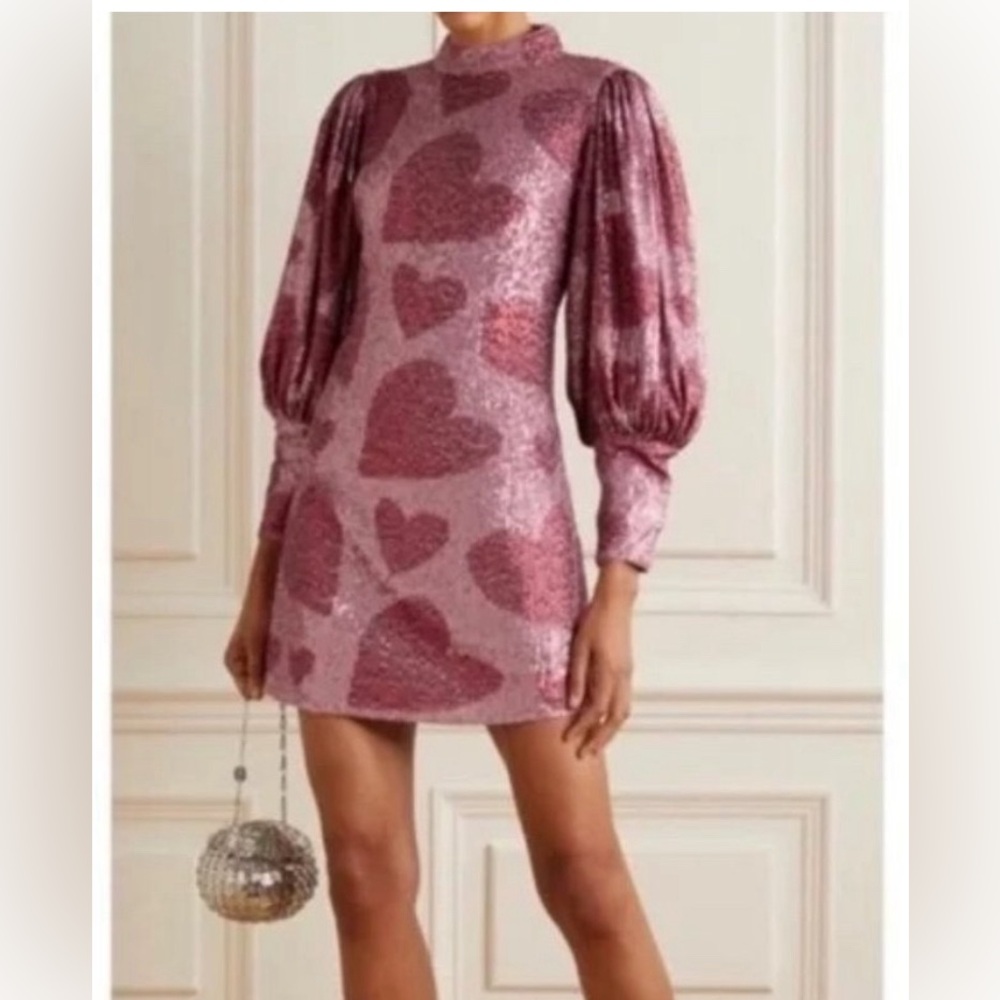 Farm Rio Hearts Sequin Long Puff Sleeve Mini Party Dress medium